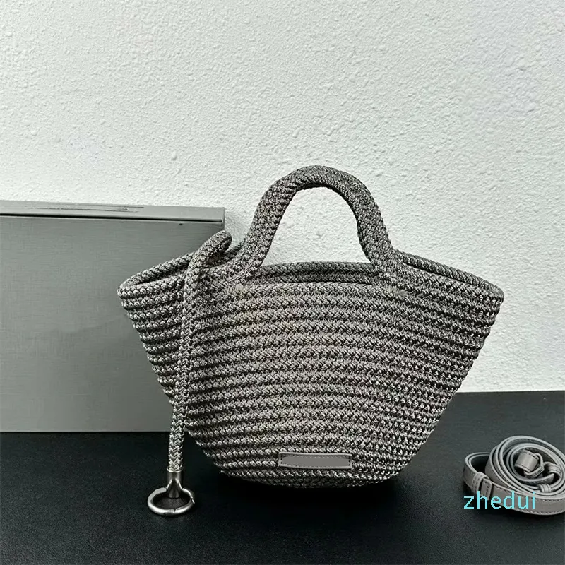 2023 - Cesta Pequena Feminina Bolsas de Praia de Verão Cordão com Duas Alças de Fecho Aberto na Parte Superior Bolsa de Viagem com Ferragens Prateadas Anel de Praia Bolsas de Malha de Nylon Bolsas de Malha de Nylon