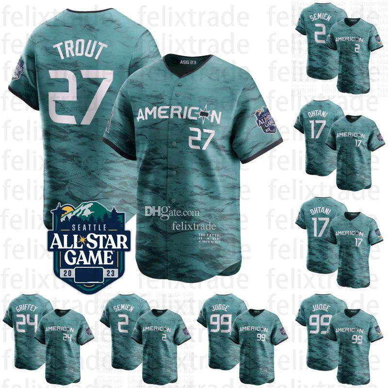 Amerikan Ligi #17 Shohei Ohtani Teal 2023 All-Star Oyun Jersey Aaron Yargıç Mike Alabalık Shohei Ohtani Ken Griffey Tim Anderson Randy Arozarena Yandy Diaz Rafael Devers