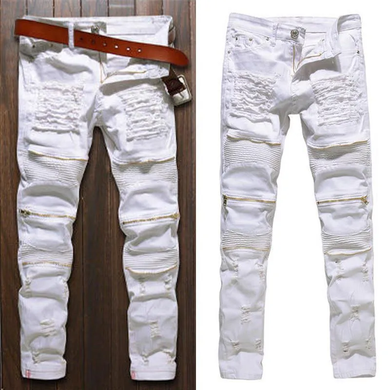 Pants Mens Red White Skinny Slim Biker Pants Knee Zipper Distressed Ripped Denim Jeans