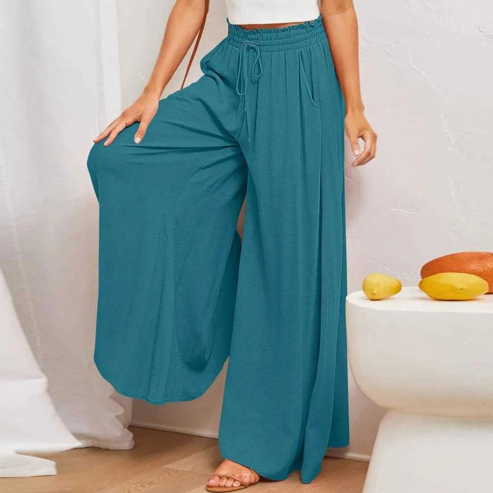 Printed Summer Pant Wide Leg Ladies Casual Pants Elastic Waist Oversized  Pants Boho Style Loose Fit Tie Up Vacation Outfit