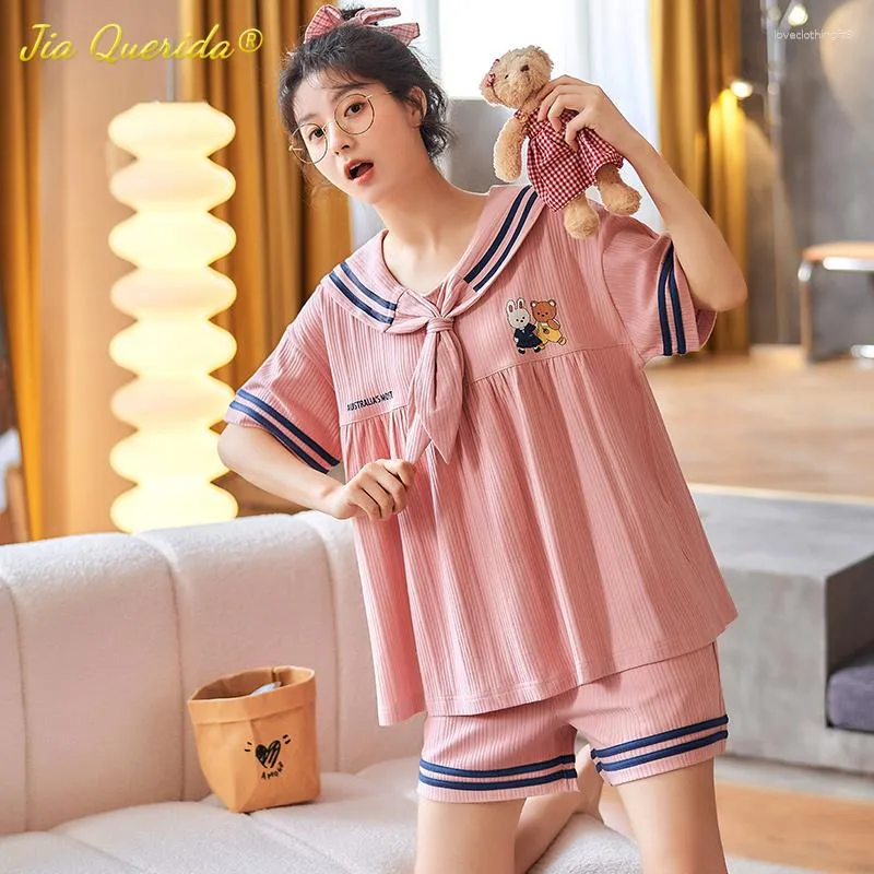 Kawaii Navy Lapel Summer Shorts Set For Women Cute Cartton Crew