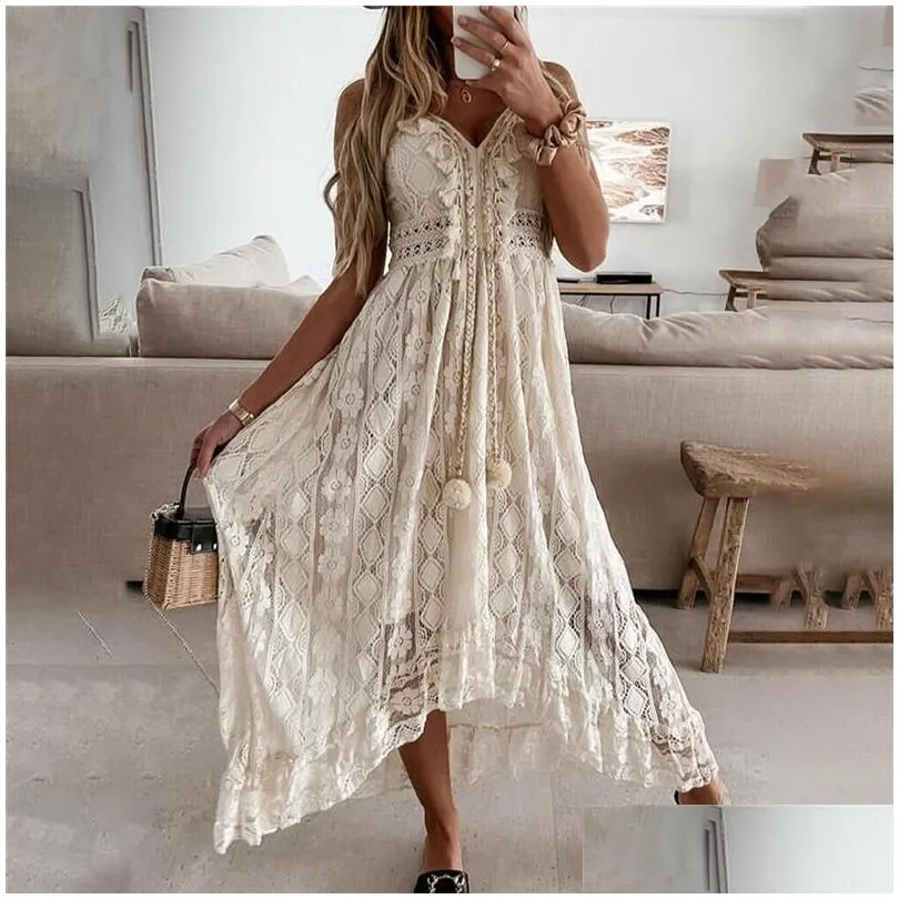 Temel gündelik elbiseler askısız yaz boho maxi elbise kadınlar v yaka püskül beyaz dantel seksi bohemian irregar uzun plaj vestidoscasu dhkgn