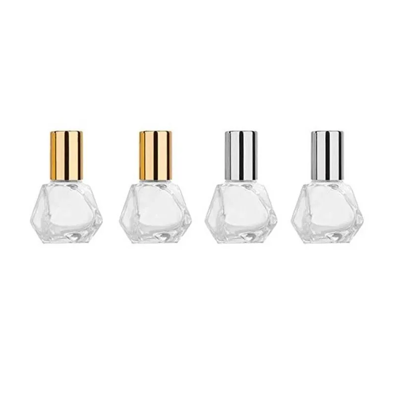 Bouteilles d'emballage 8Ml Mini Portable Polygonal Verre Clair Rouleau Bouteille Voyage Huile Essentielle Roll On Avec Bille En Acier Inoxydable Or Si Dhu01