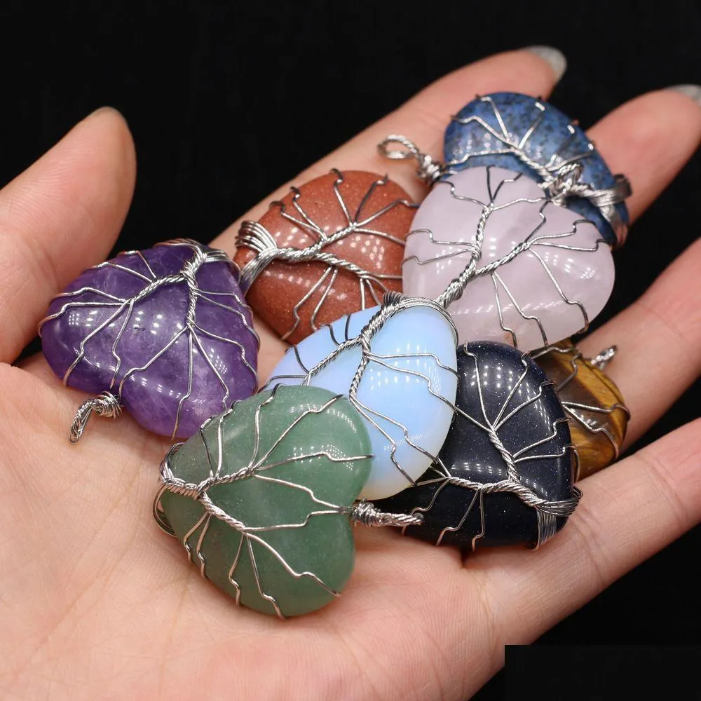 Charms Natural Stone Tree Of Life Wire Wrap Heart Rose Quartz Healing Reiki Crystal Pendant Diy Necklace Earrings Women Fashion Jewe Dh3Rm