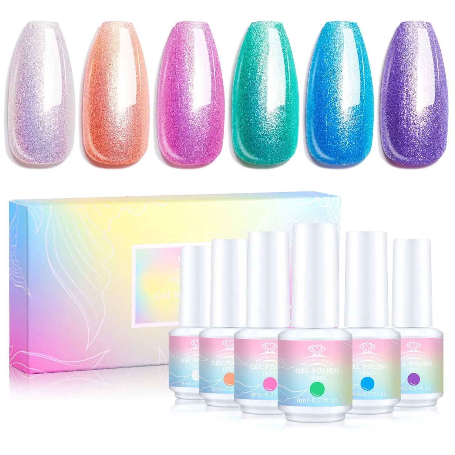 Nagelgel Makartt Gel-Nagellack-Set, Glitzer-Perlen-Gel-Nagellack-Set, 6 Farben, Regenbogen-Nagellack, 8 ml, Rosa, Blau, Splitter, Meerjungfrau, Soak Off, 230703