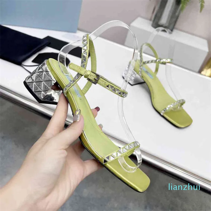 Rhinestone one-line sandals luxury mid-heel square head leather spring summer women comfortable fashion classic designer Material imported size 35