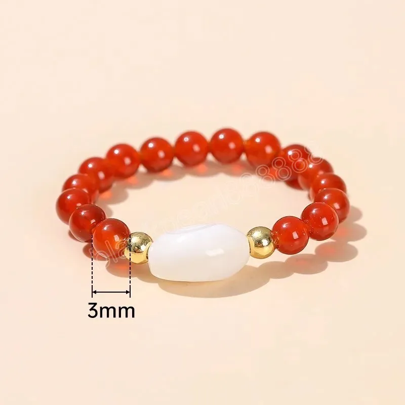 3mm Natural Red Agate White Shell Rice Small Bead Rings Women Fashion Handmade Round Stone Reiki Energy Stretch Finger Ring