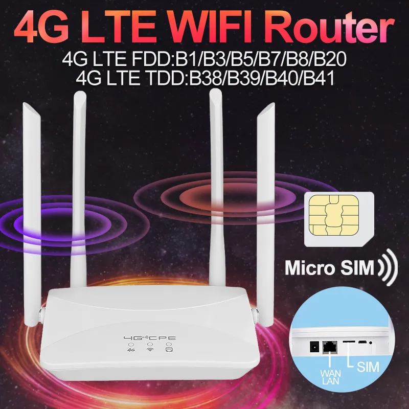 Маршрутизаторы 4G LTE Wi -Fi Router 150 Мбит / с 4 Внешние антенны мощности сигнал усилитель скот более плавное проводное соединение Интеллектуальное микро -карта 230701