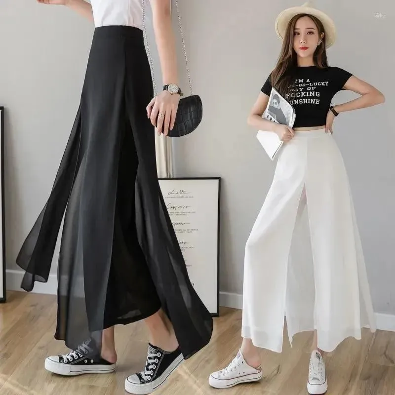 Vrouwen Broek Vrouwen Chiffon Split Wijde Pijpen Rok Mode Pantalon 2023 Zomer Palazzo Rechte Losse Broek Harajuku Effen