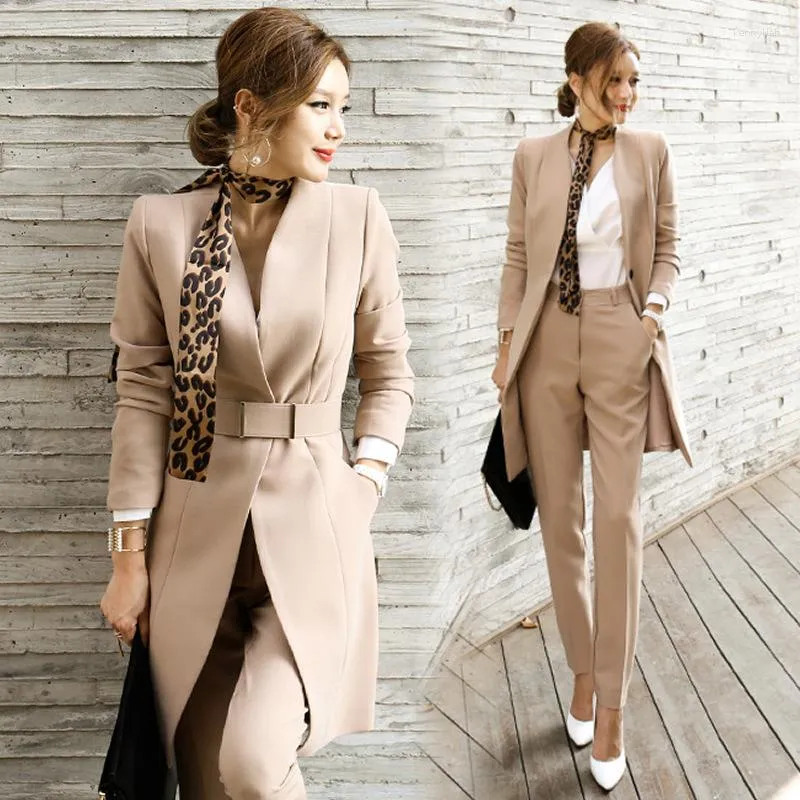 Women's Two Piece Pants Business 2 Pieces Outfits Fashion Formal Long Sleeve V Neck Blazers Coat Pencil Work Full Length Sashes Pant Suit