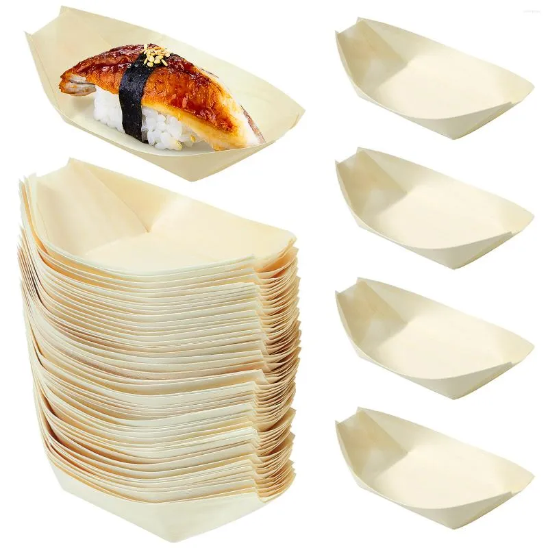 Juegos de vajilla, 100 Uds., platos de barco de Sushi boscosos, platos de Sashimi japoneses desechables naturales de primera calidad, contenedor de bandeja para servir