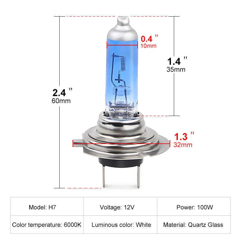 New 2pcs 6000k Super Bright White H7 Halogen Bulb 12V Car HeadLight Bulb h7 55w 100w Halogen Lamp Car HeadLight Replacement Bulb