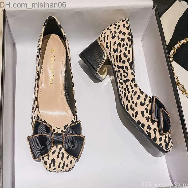 Klänning Skor Klänning Skor Dam Högklackat Skor Dam Bowknot Loafers Chunky Heels Leopard Pumps OL Casual Läder Casual Shoes Plus Size 35-43 Z230703