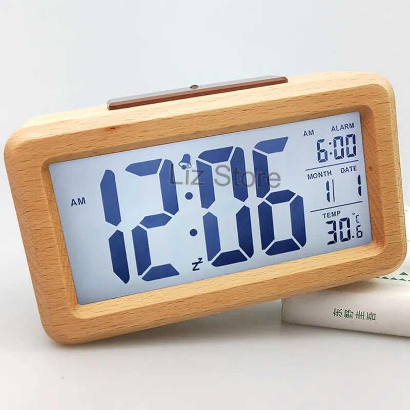 Digitala väckarklockor i trä LCD smarta temperaturklockor Trä Nattljus Datumklocka med snooze Bambu sängkalender TH0865