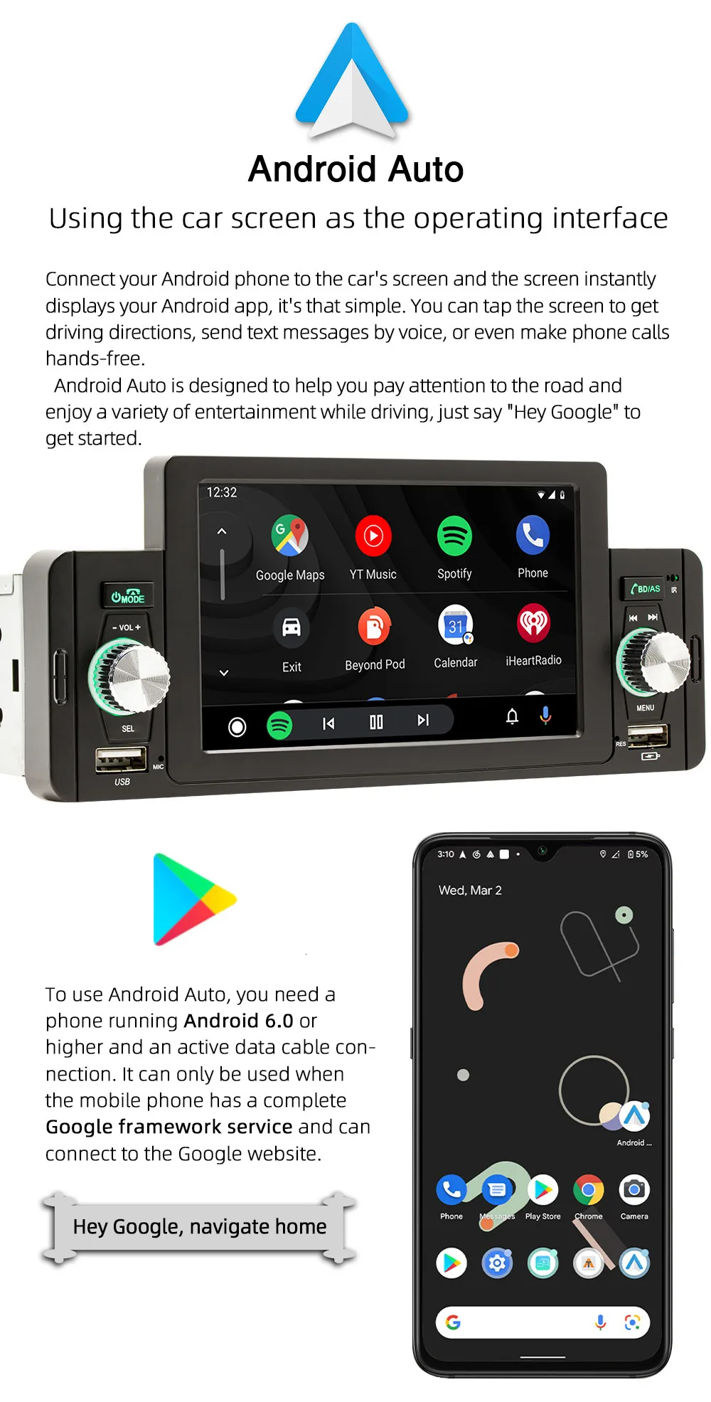 Radio 1 Din 5 CarPlay Radio Car Stereo Bluetooth MP5 Player Android-Auto  Hands Free A2DP USB FM Receiver Audio System Head Unit F160C 230701