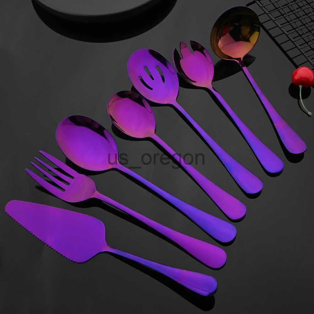 Dinnerware Sets Purple Stainless Steel Dinnerware Set Soup Spoon Colander Spoon Service Spoon Salad Fork Cake Spatula Set Baking Accessories x0703