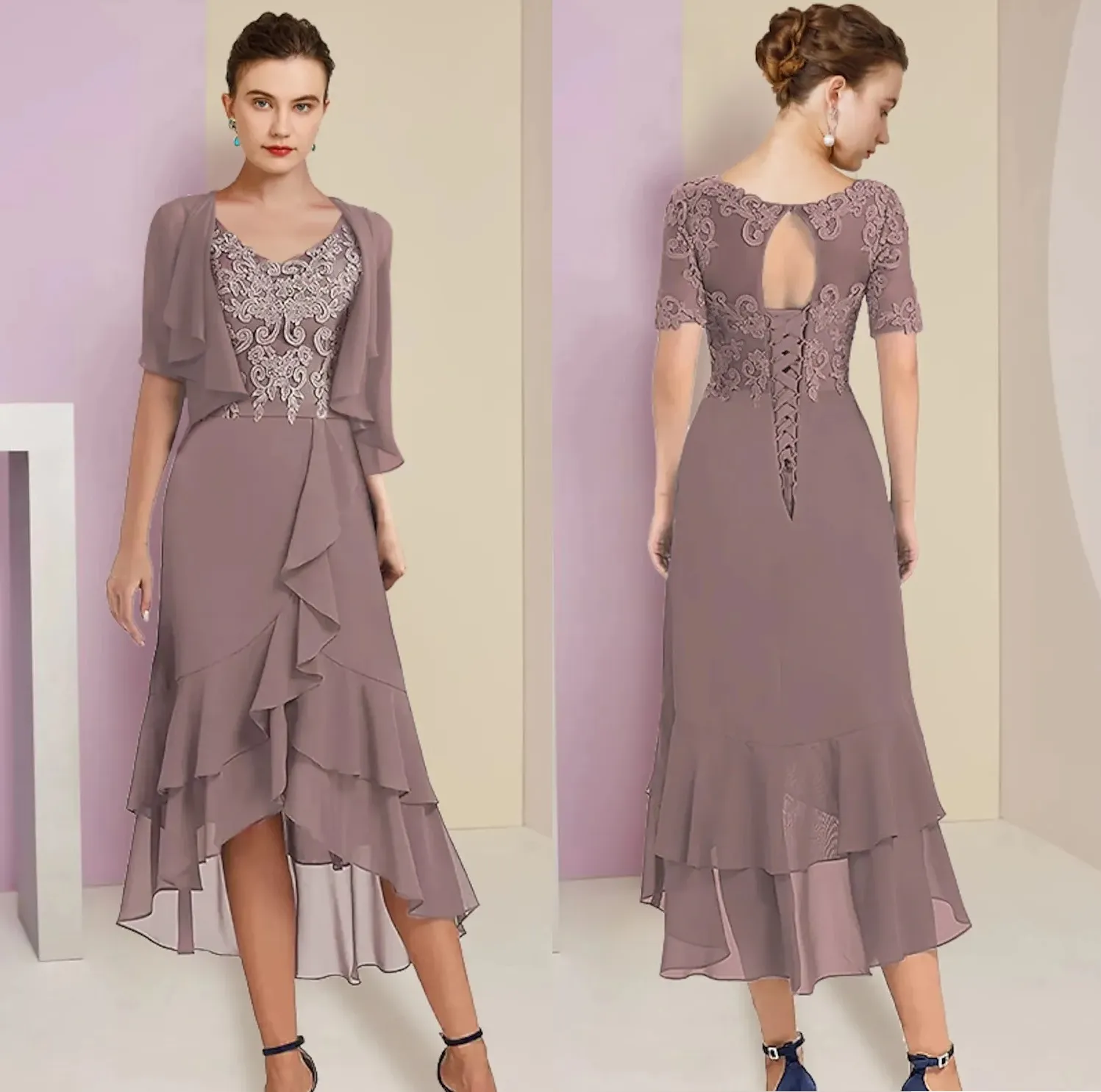 Two Piece A Line Mother of the Bride Dress Wrap Included Elegant High Low V Neck Chiffon Lace Dusk Wedding Guest Party Gowns