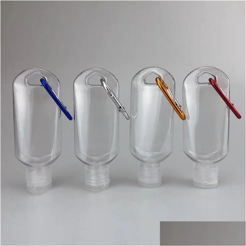 Garrafas de embalagem 50 ml desinfetante para as mãos vazias garrafa de álcool recarregável com chaveiro gancho ao ar livre portátil claro transparente gel gota d dhodj
