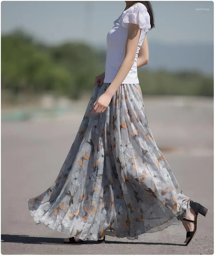 Skirts Est Summer Women's Maxi Long Skirt Vintage Retro Butterfly Printed Lady's Bohemian Beach Vacation Voile A-line