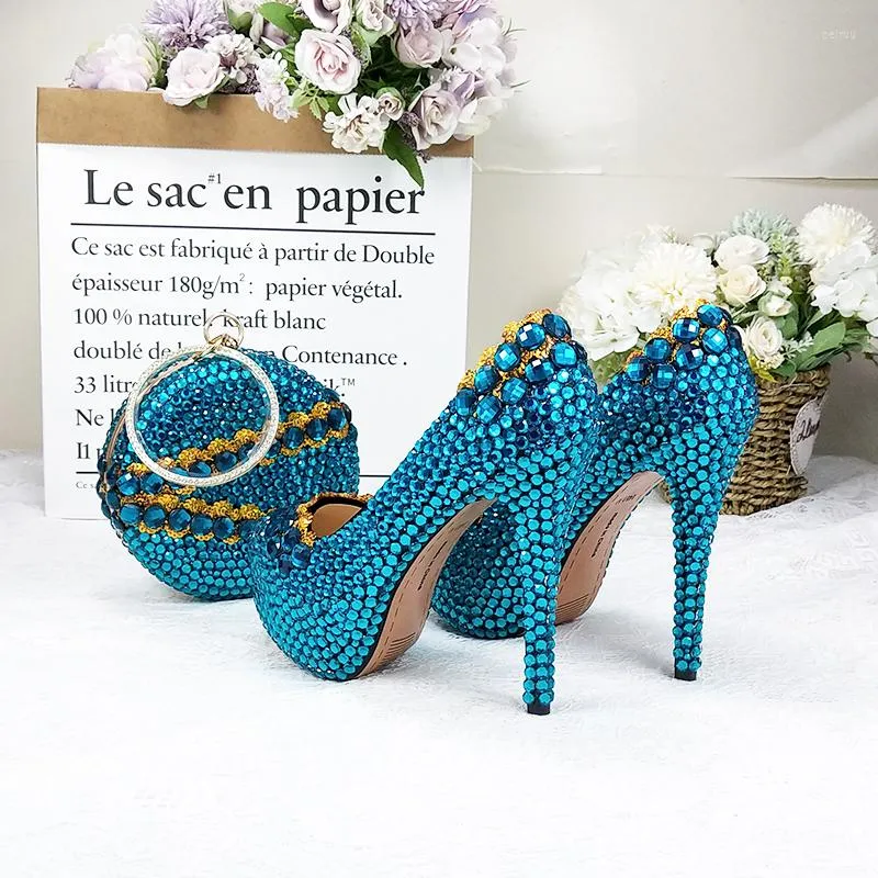 Dress Shoes BaoYaFang Bluish Green Crystal Womens Wedding With Matching Bags High Heels Platform And Purse Woman