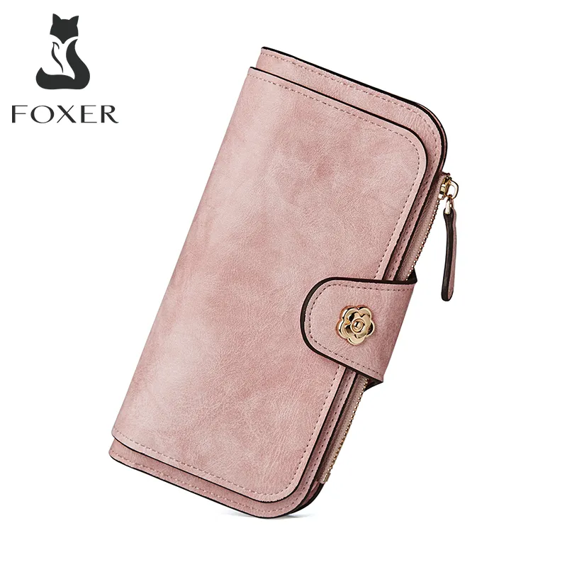 FOXER Women Standard Long PU Wallet Stylish Card Holder Female Coin Purse Lady Artificial Leather Zipper Cellphone Bags In Hand