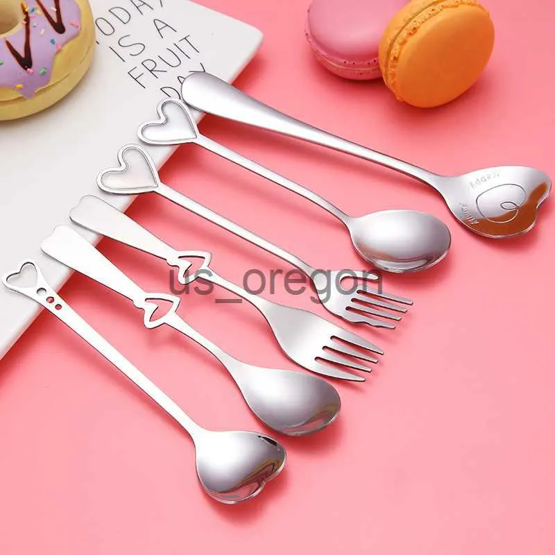 Dinnerware Sets Ecofriendly Stainless Steel Love Forks and Spoon Set Heart Shaped Coffee Spoon Fruit Fork Wedding Dinnerware Set Tableware Gift x0703