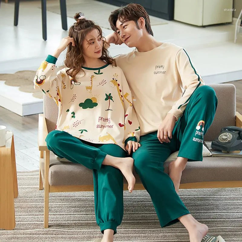 Cozy Cartoon Couple Pajama Set For Women Cotton Full Sleeve Bamboo