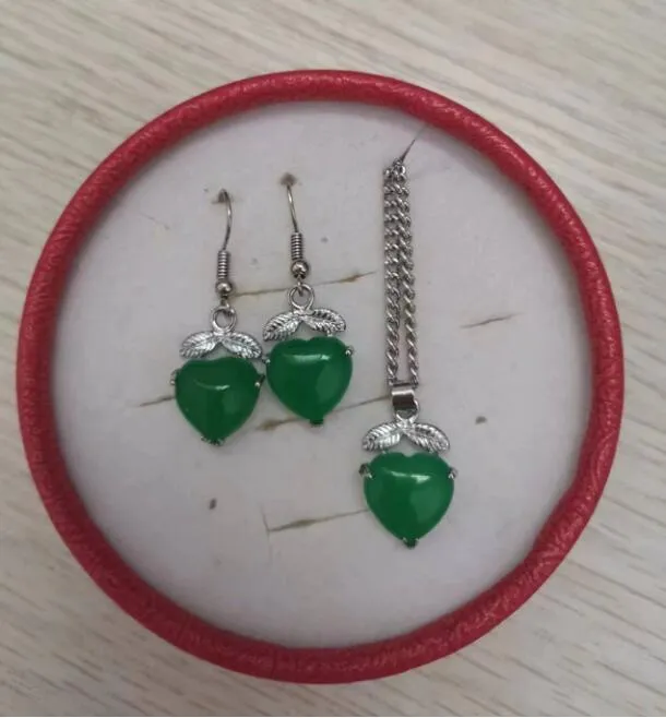 amour coeur vert malais jade 925 argent pendentif collier boucles d'oreilles ensemble 2 pièces ensemble de bijoux