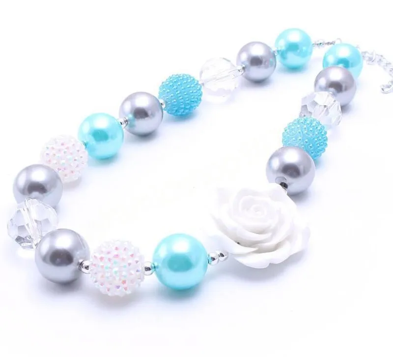 Handgemaakte Leuke Witte Roos Bloem Chunky Bubblegum Kralen Ketting Fashion Kids Meisjes DIY Ketting Sieraden Voor Baby Baby Party Gift