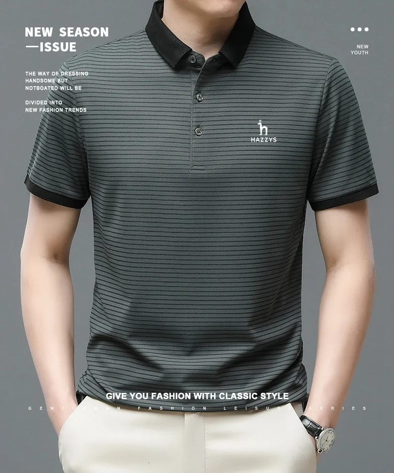Erkek Polos Hazzys Polo Gömlek Kore adam golf gömlek yaz çizgili baskı düğmesi giyim iş erkek sokak kıyafeti kısa kollu tshirt 230703