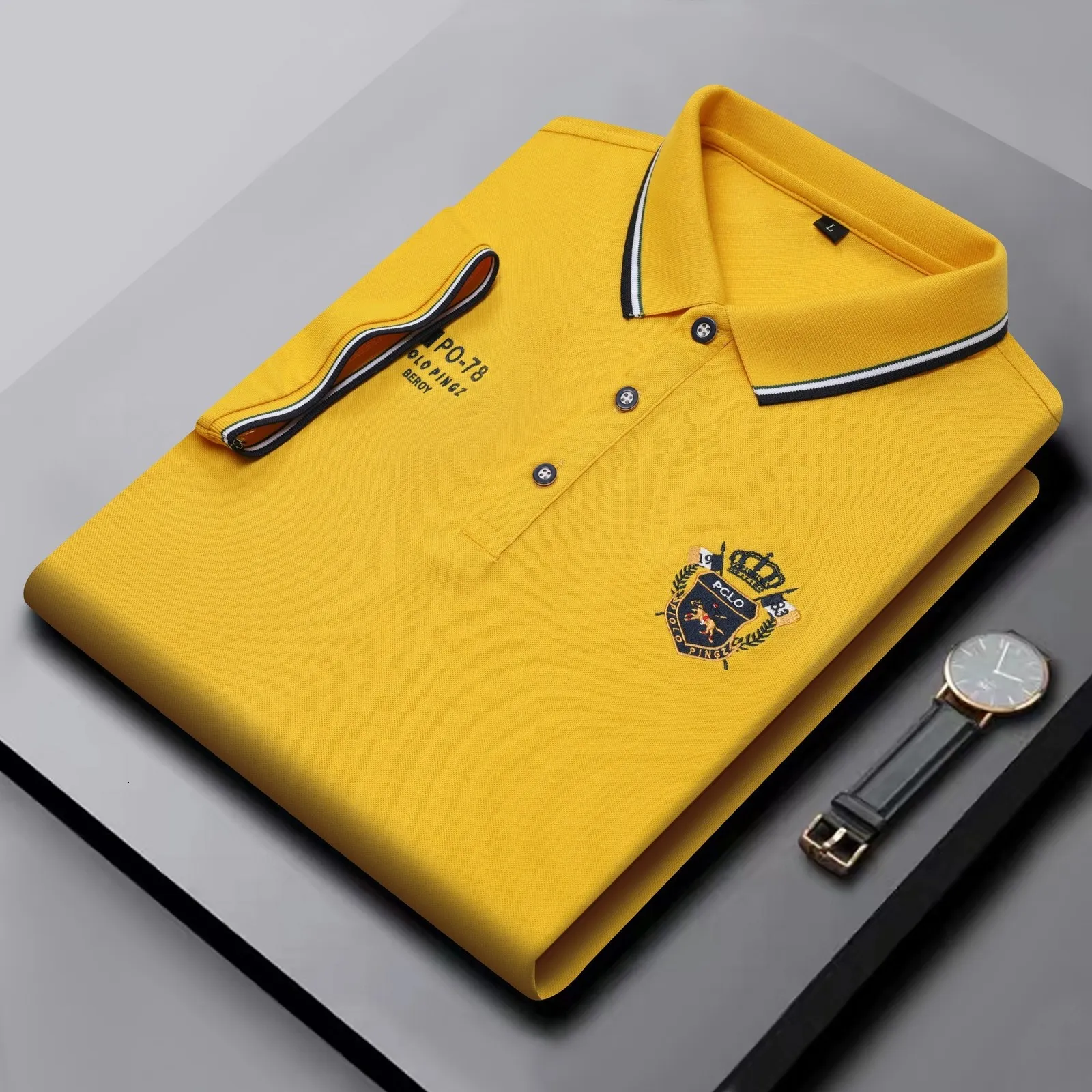 Men's Polos Summer Business Casual Polo Shirts Men Short Sleeve Cotton Fashion Soild Tops Embroidery Yellow Clothing 230703