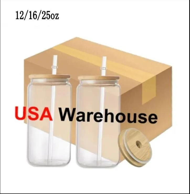 Sublimation Glass Beer Mugs with Bamboo Lid Straw 16oz DIY Blanks Frosted Clear Can Shaped Tumblers Cups Heat Transfer Cocktail Iced Coffee Soda Glasses