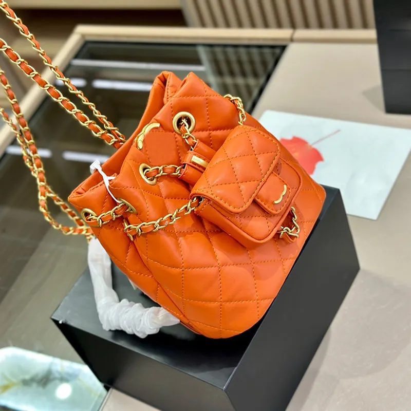 Orange Lambskin Leather Women Designer Backpack Bags with Mini Flap Coin Purse Gold Metal Hardware Matelasse Chain Turn Lock String Shoulder Handbag 3 Colors 17cm