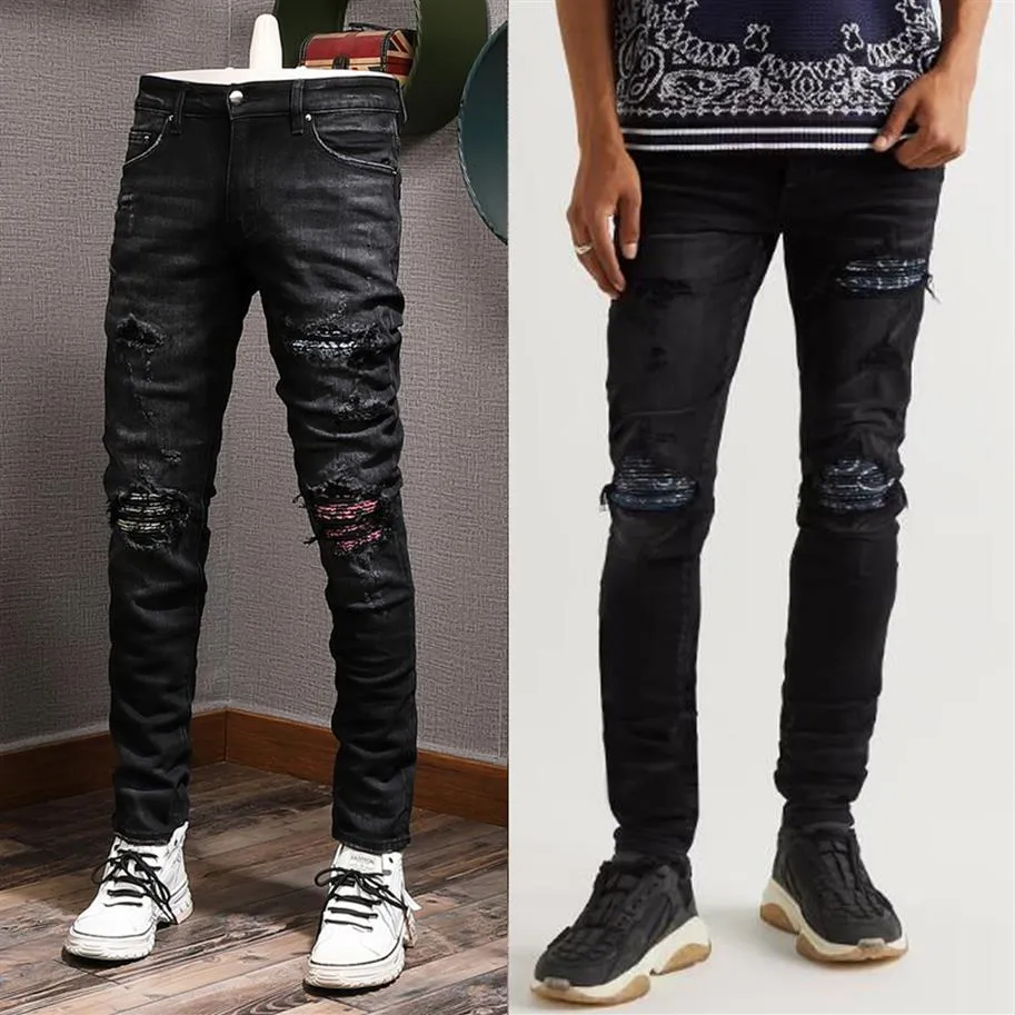 Remendos xadrez Destroyed Jeans Buraco Lavagem Lápis Perna Magro Denim Algodão Masculino Qualidade Agradável 289E