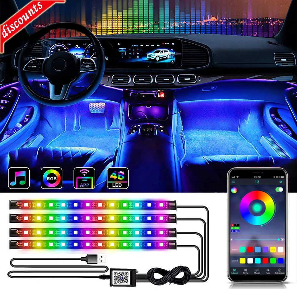 Nueva luz LED de neón 48 72 para Interior de coche, luz ambiental para pie con USB inalámbrico, Control remoto de aplicaciones de música, lámparas decorativas de ambiente RGB automáticas