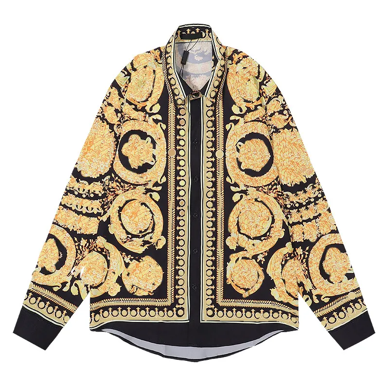 2023SS Modedesigner Slim Shirt für Männer 3D Schwarz Gold Blumendruck Herrenkleid Langarm Business Casual