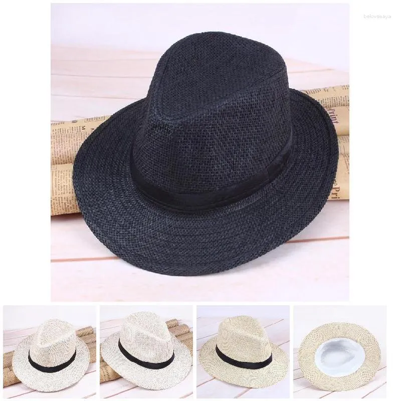 Beretler 2023 Yaz Sıradan Unisex Beach Trilby Büyük Memlu Caz Güneş Şapk Panama Kağıt Saman Sipi Kadınlar Siyah Şeritli Kapa