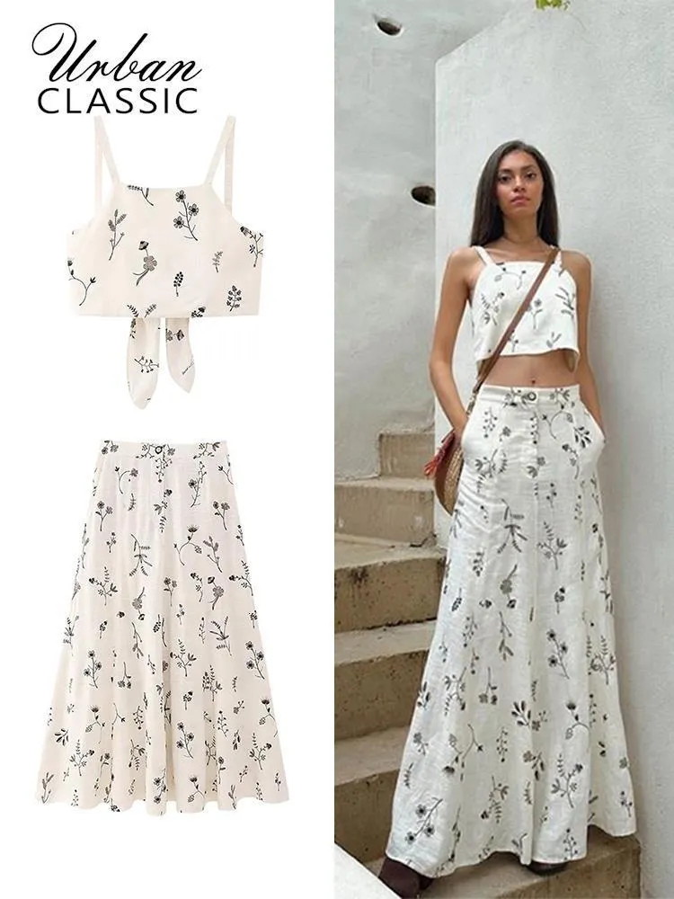 Abito a due pezzi Ricamo estivo Gonne floreali Set da donna Casual senza maniche Backless Bow Top Vita alta Cerniera ALine Gonna a metà polpaccio 230630