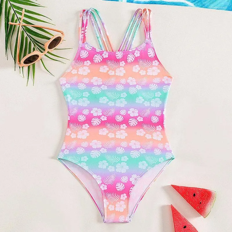 Women's Swimwear Girls Tropical Plants Print One Piece Swimsuit Kids Criss Cross Children's 7-14 Years Teen Bathing Suit Beachwear