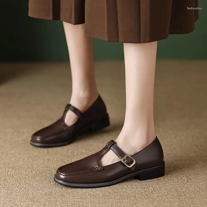 Dress Shoes Retro T-strap Square Toe Loafers For Women Low Heels Black Brown Office Lady Pumps Female Autumn 2023 Drop Ship