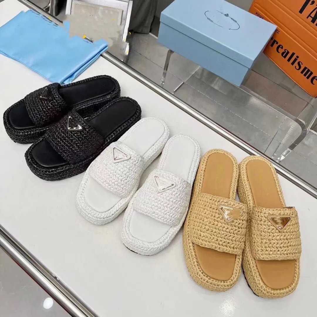 Kvinna tofflor svart naturligt tyg flatform sandaler vävt plattform mule flip flops mode chunky botten glid sommar strand gummisula