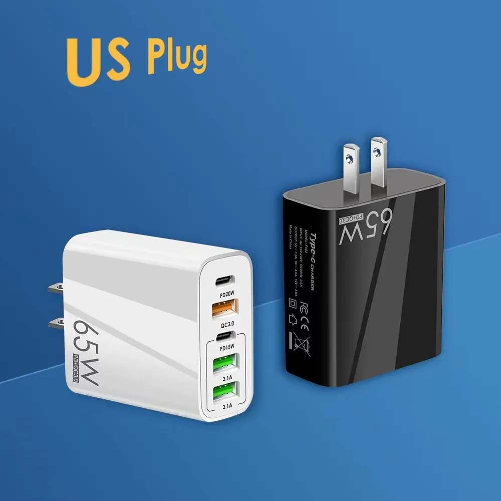 5 Ports 65W Quick Charger Adapter PD 20W PD15W QC3.0 USB-C Charge 3.1A Dual Fast Charging for iPhone 14 13 12 11 Samsung Xiaomi Cell Phone OEM
