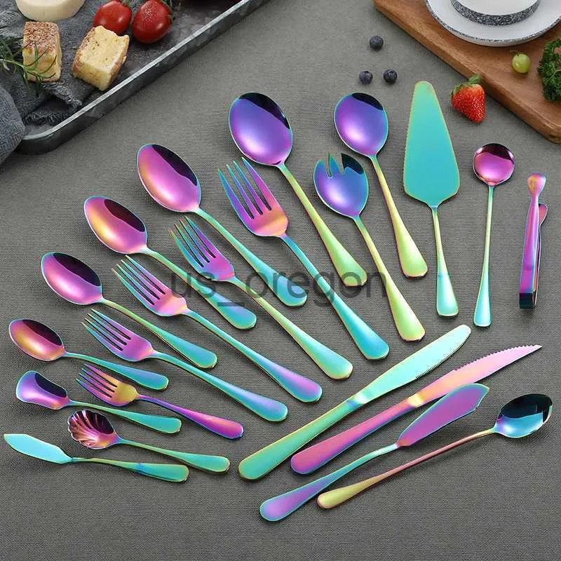 Dinnerware Sets Titanium Plated Colorful Stainless Steel Tableware Set Color Coffee Spoon Western Steak Cutlery Spoon Set HZT x0703