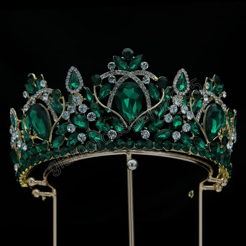 Barokke Groene Bue Rode Kristallen Tiara Kroon Voor Vrouwen Meisjes Bruiloft Vintage Bruidskroon Haar Jurk Sieraden