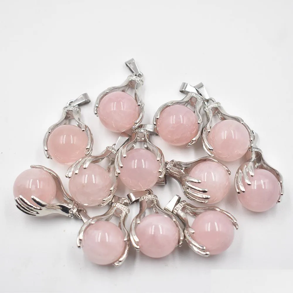 Charmes Naturel Rose Quartz Cristal Pendentif Main Tenir Boule Ronde Perle Colliers Pendentifs Yoga Reiki Chakra Guérison Femmes Hommes Bijoux Dhf9W