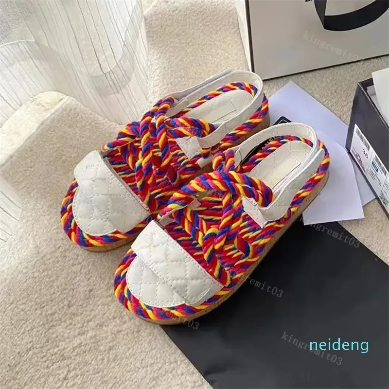 Designer Sandals Hemp Grass Sandals Women Vintage Cross Knit Colorful Sandals Beach Swim Rattan Woven Slippers With Box Size 35-41