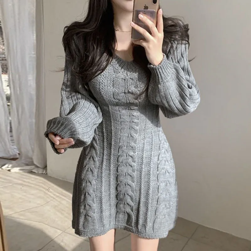 Comprar MODIQUE 2023 Otoño Invierno Tallas grandes Nuevos vestidos largos  Señora Elegante Espesar Raya Suéter de punto Vestidos Mujer Básicos Casual  Manga larga Falda con cuello redondo