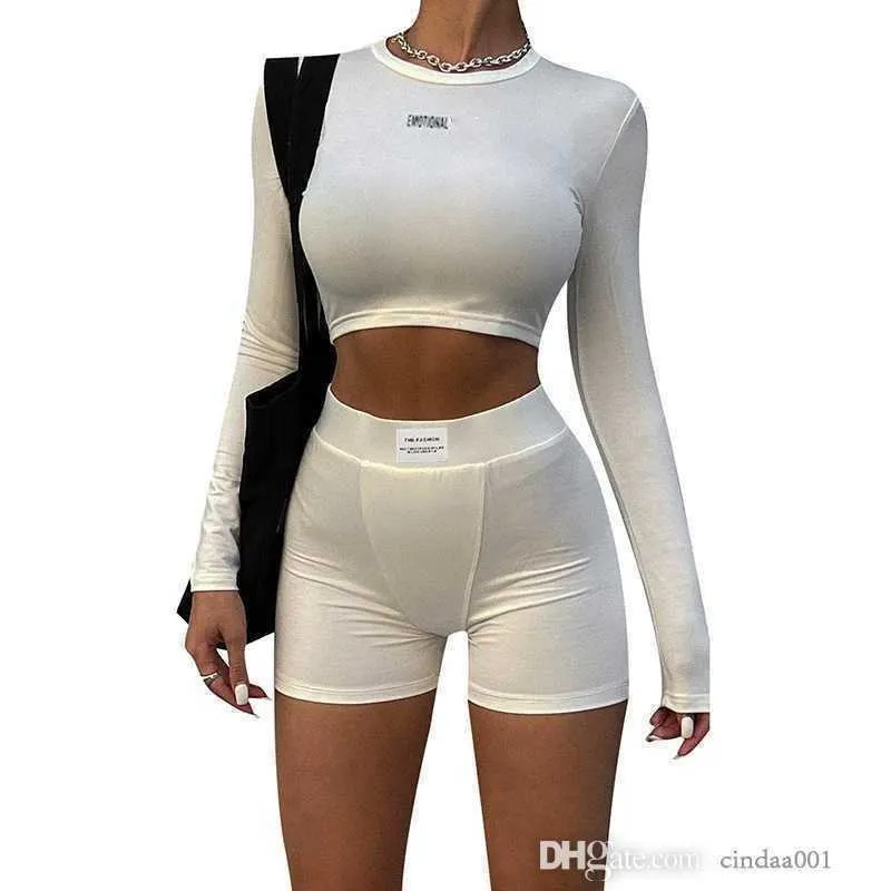 Mode femmes Shorts survêtements tricoté col rond à manches longues haut court T-shirt sweat deux pièces sport polyvalent costume