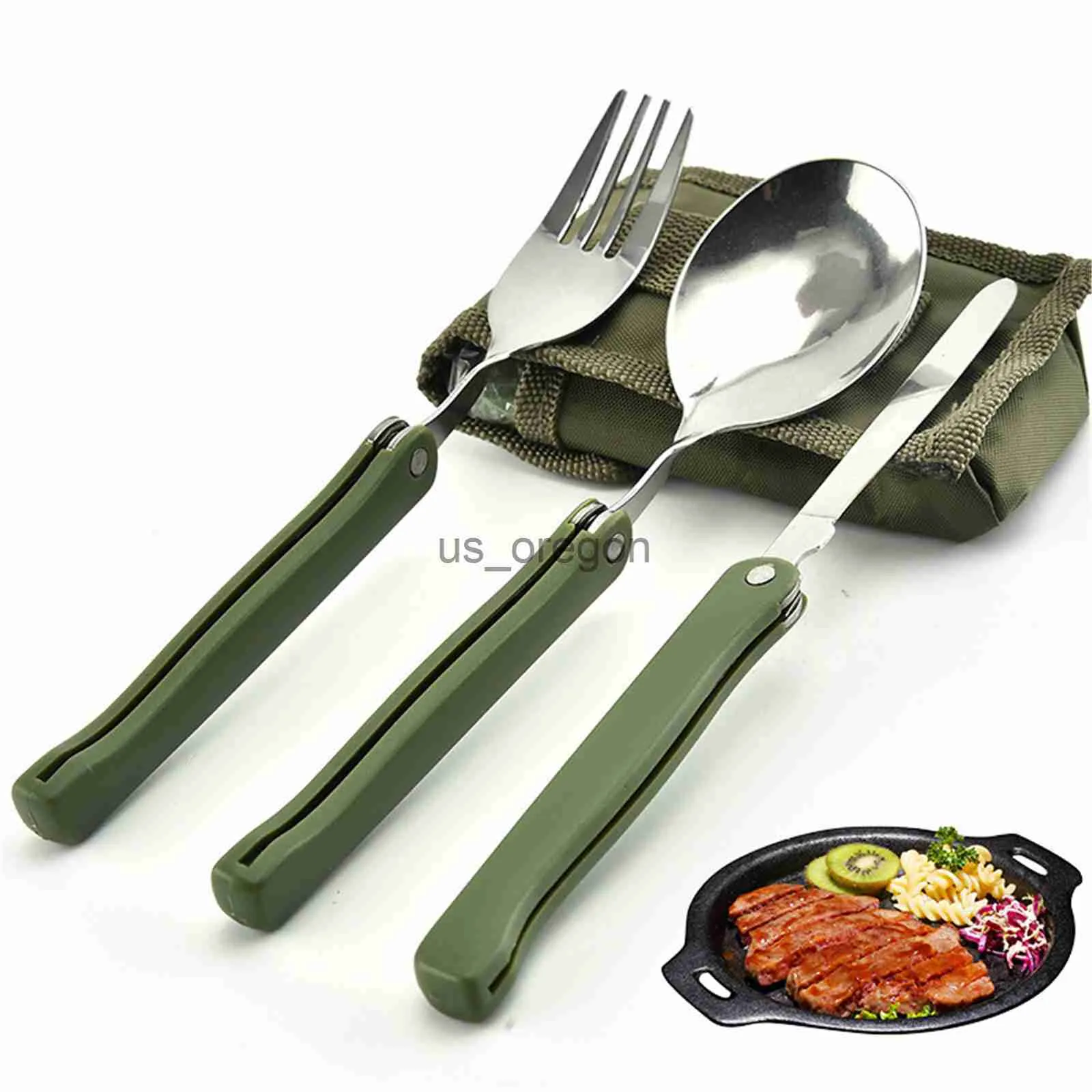 Dinnerware Sets Stainless Steel Portable Folding Cutlery Set Fork Knife With Army Green Pouch Survival Camping Bag Outdoor Cutlery Container x0703