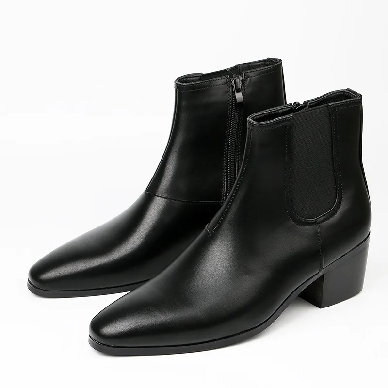 New Chelsea Boots Menshoe Fashion High-Heal High-Heel 6cm 모터 사이클 발목 부츠 스퀘어 발가락 하이 탑 Zip 캐주얼 비즈니스 웨딩 드레스 신발